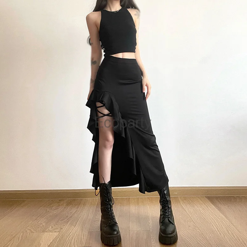 New Gothic Black High Waist Bodycon Mid Skirt Girls Punk Ruffles Split A-Line Skirts Y2k Fashion Women Streetwear Bottoms 2024