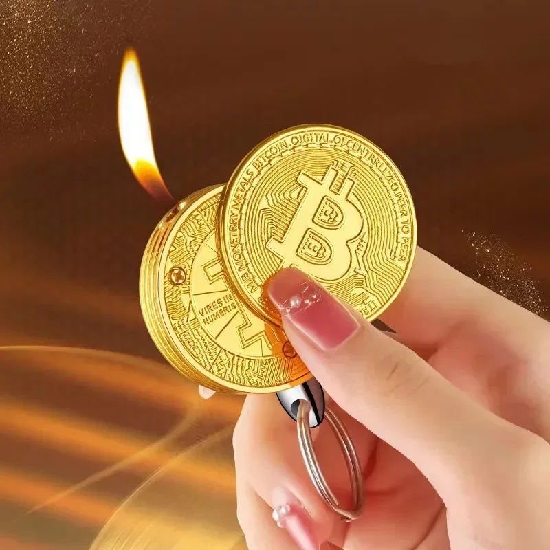 Creative Bitcoin Gold Coin Shape Open Flame Pendant Lighter Butane Gas Spot Commemorative Virtual Currency New Unique Pendant