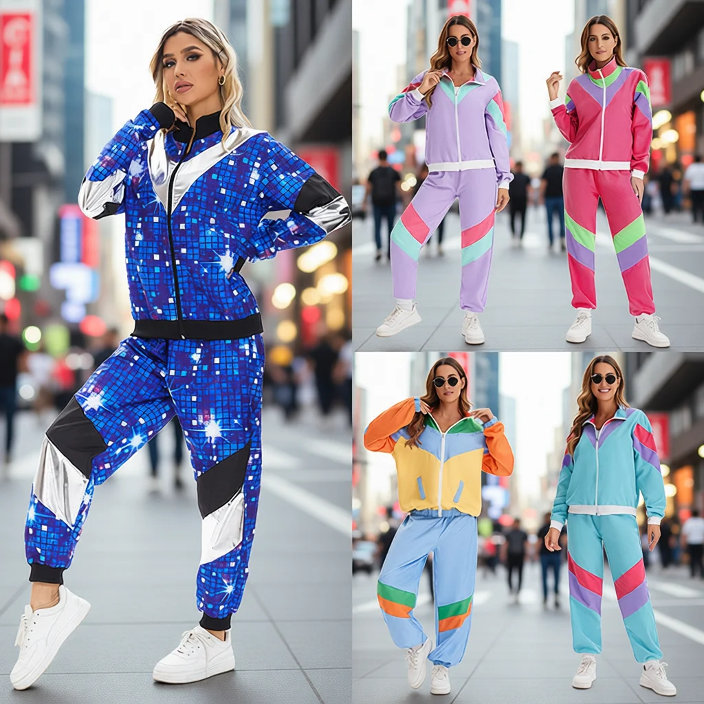 Disco Hip Hop Sport Jacket Pants Set Halloween Dance Costume for Men And Women Retro 80s Outfit Stage Performance Clothing