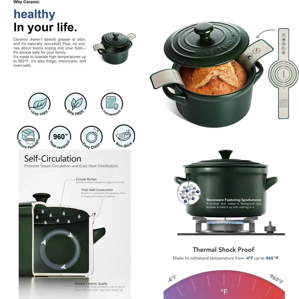 

Ceramic Dutch Oven for Bread Baking - Lightweight, Non-Toxic, No Seasoning Needed - Oven, Microwave & Dishwasher Safe, Ideal for