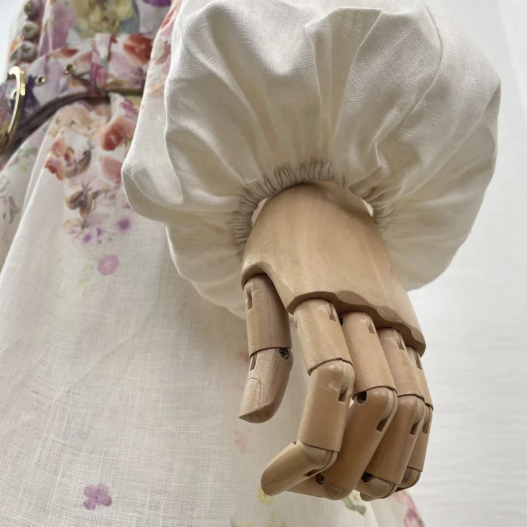 2025年新作ファッション、マルチカラーランタン袖花柄プリントミニドレス