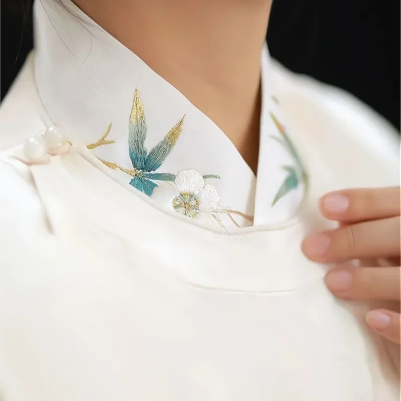 2023 Spring Autumn Daily New Seiko Embroidered Hanfu Clothes Middle Shirt UnderwearVersatile Men's and Women Solid  Round Neck