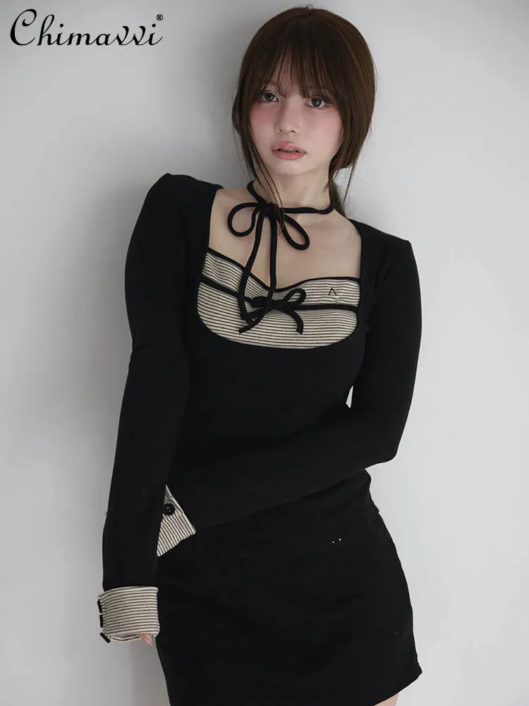 

Japanese Style Pure Desire Chest Patchwork Bow Decoration Stretch Slim Fit Long Sleeve Knitted T-Shirt Short Skirt Women's Set