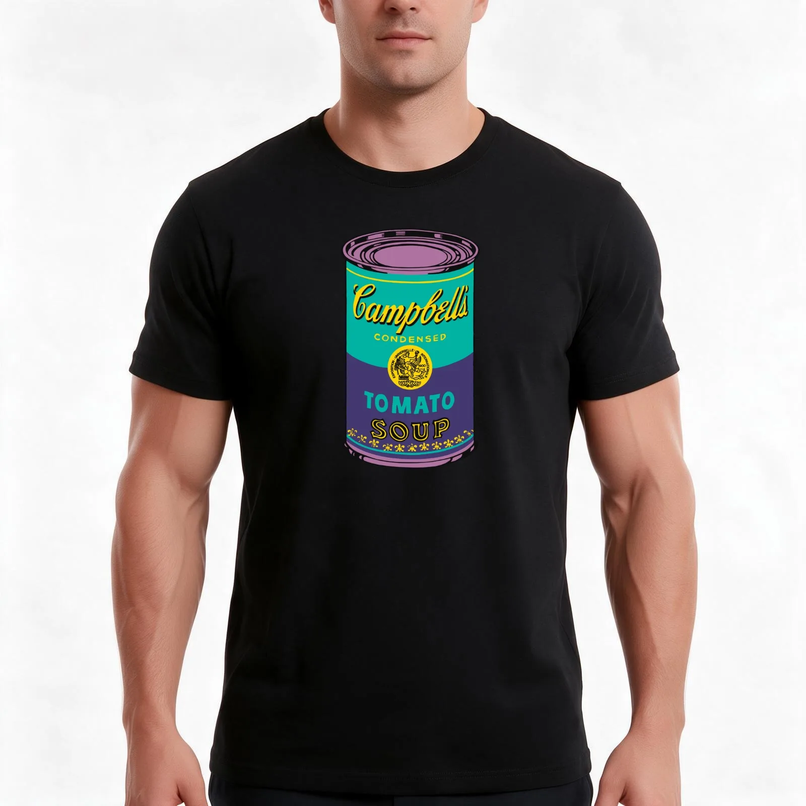 Pop Art Tomato Soup Can | Teal, Purple, Yellow T-Shirt, Summer Casual Cotton Tee, Oversized Streetwear Tops, Unisex Men Women