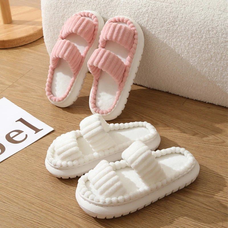 Double Straps Plush Platform Slippers Women Solid Color Non Slip Comfy Cotton Shoes Woman Fashion Corduroy Indoor House Slippers