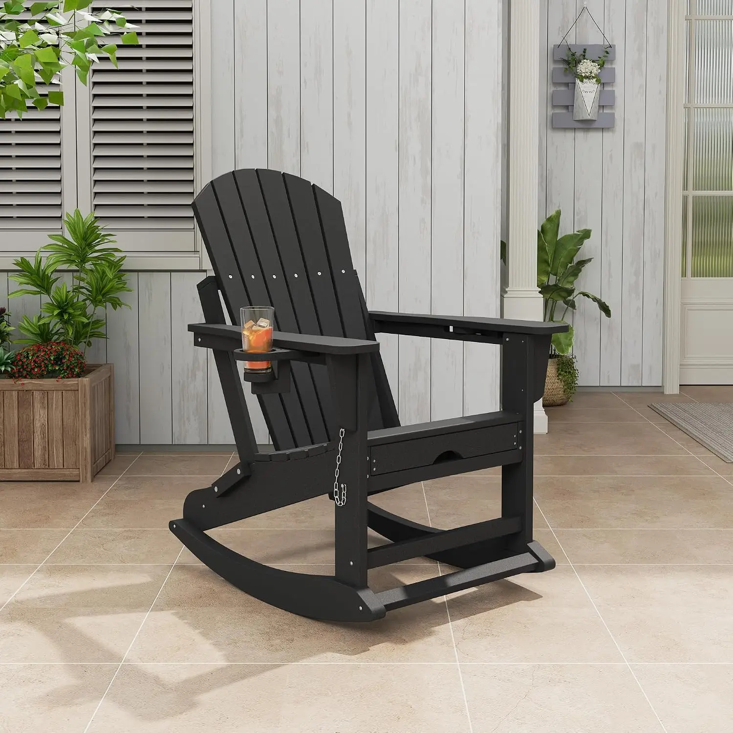 1PC Folding 4-in-1 Adirondack Rocking Chair with Retractable Ottoman HDPE Outdoor Rocker with Retractable Footrest, Dual Cup Golders, For Porch, Patio, Deck, Garden, & Poolside