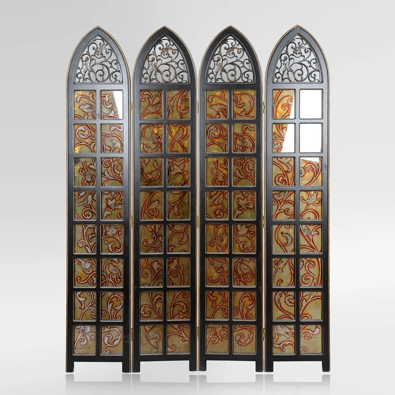 Furniture for small-sized apartments  Flower and bird screen, four-piece screen, stained glass , hollow screen, church style