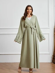 2025 Women's Abaya Long Robe Muslim Ramadan Prayer Clothing Embroidery Green Loose Long Sleeve Waist Tied Arabic Elegant Dresses