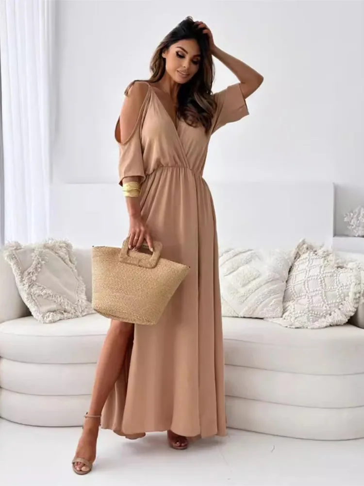 Summer V-neck Skirt Slit Dress Off-shoulder Sleeves Sexy Spaghetti Strap Dress Fashion Elegant Loose Beach Dresses Robe Femme