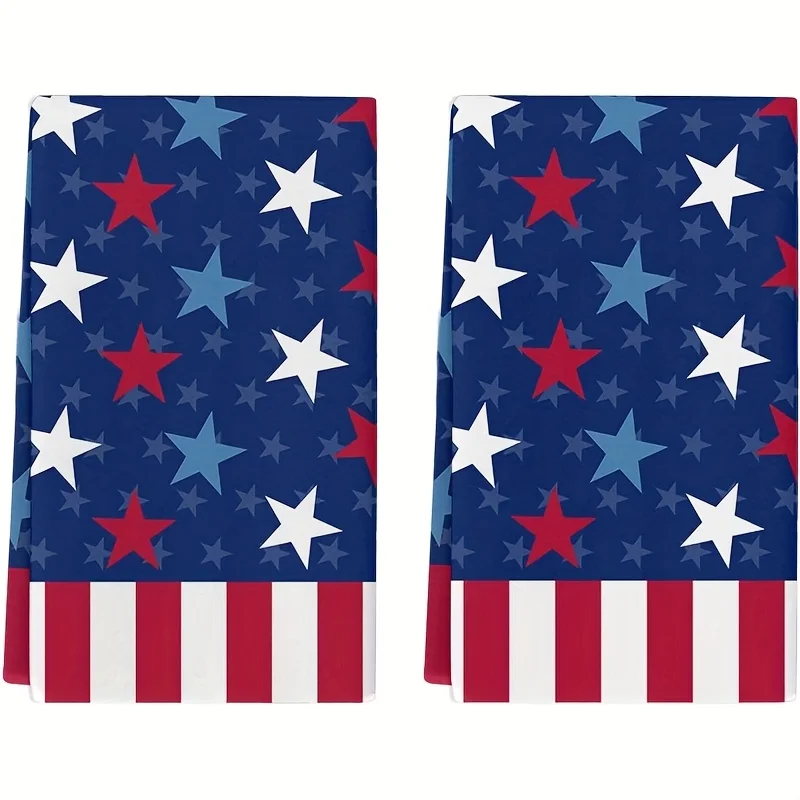

2D Flat 2PCS 4th of July American Flag Stars Stripes Kitchen Towel Absorbent Reusable Farmhouse Bathroom Home Decor