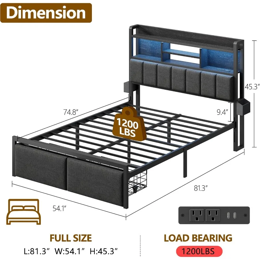 King Size Bed Frame with Headboard, Wooden Material, Midnight Blue, Built-in Drawers, USB Charging Station and Adjustable LED L