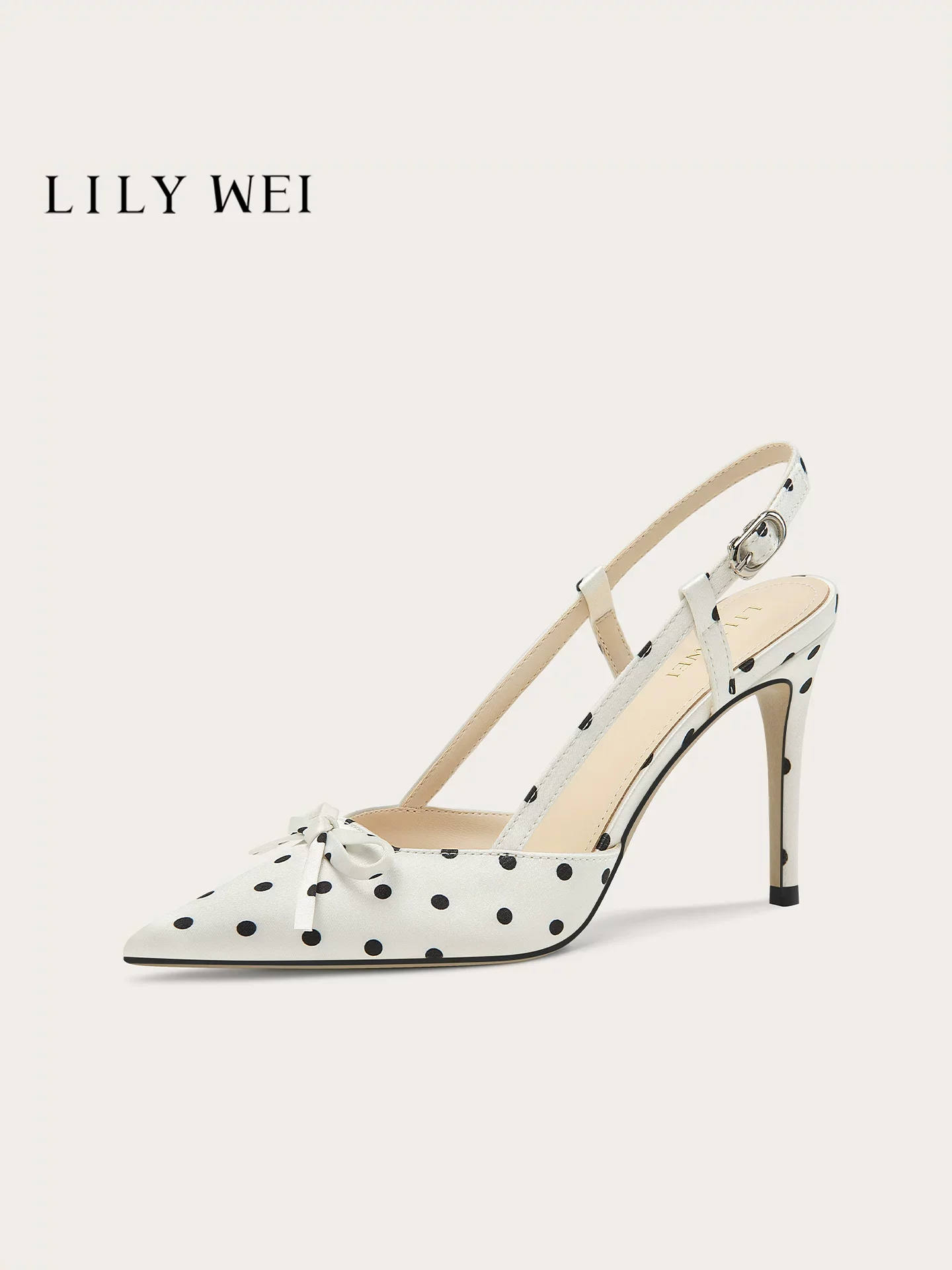Summer pointed polka dot silk bow thin heel sandals for banquets large size small size widened high heels women's shoes