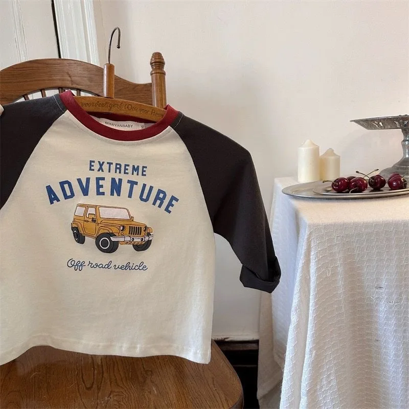 Langarm-T-Shirt für Kinder, Jungen, 2025, koreanischer Frühling und Herbst, reine Baumwolle, Jungen-Tops, Cartoon-Druck, kontrastierendes Unterhemd – Detail 7