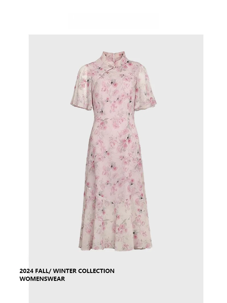 

Elegant Summer Chinese Style Floral Print Qipao Dress Women's Short Sleeve Mid-Length Commute Style FYZ24040324