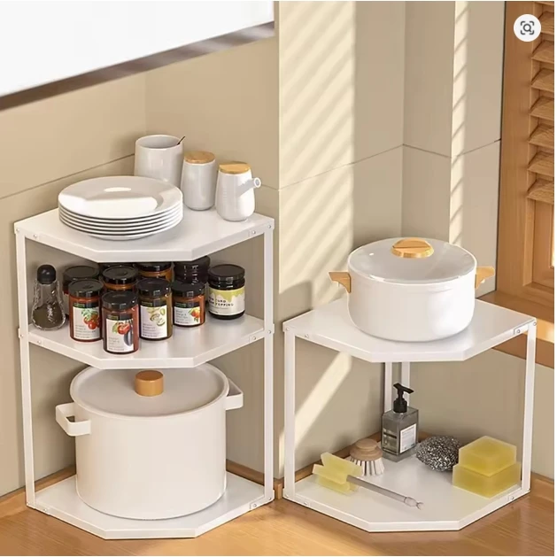 

3 Layers Kitchen Organizer Fan-shaped Pot Rack Corner Seasoning Storage Rack Under The Sink Triangular Multi-layer Storage Shelf