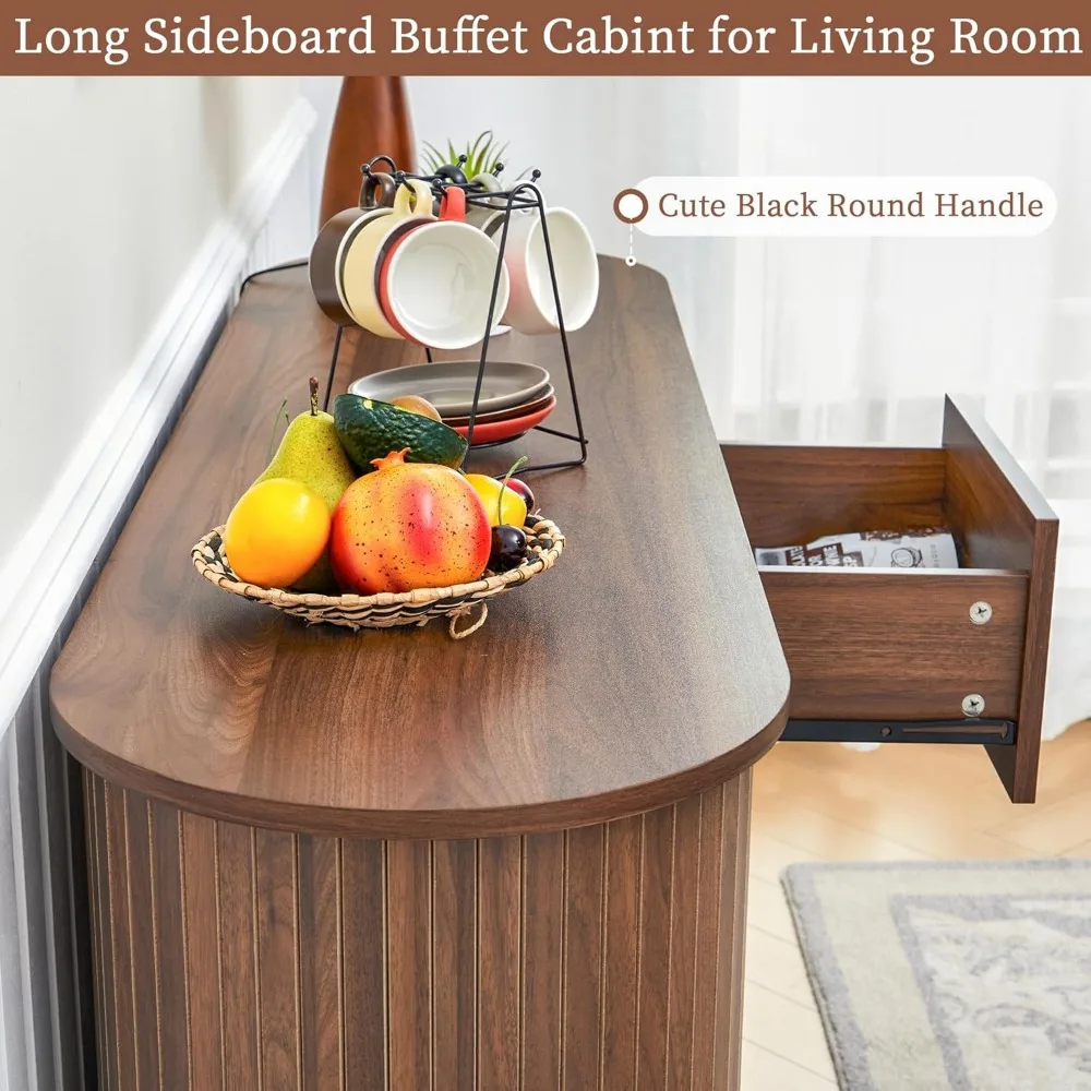 خزانة جانبية منحنية من خشب الجوز مقاس 55 بوصة مع أدراج وخزانة تخزين بباب الدف المنزلق