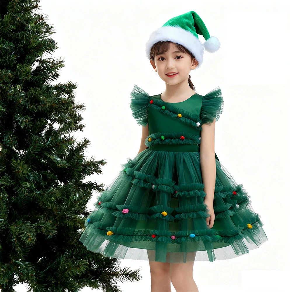 

Green Princess Dress Girls Party Dresses Christmas Costume With Hat New Year Dress For Girls Mesh Gown Children's Birthday Dress