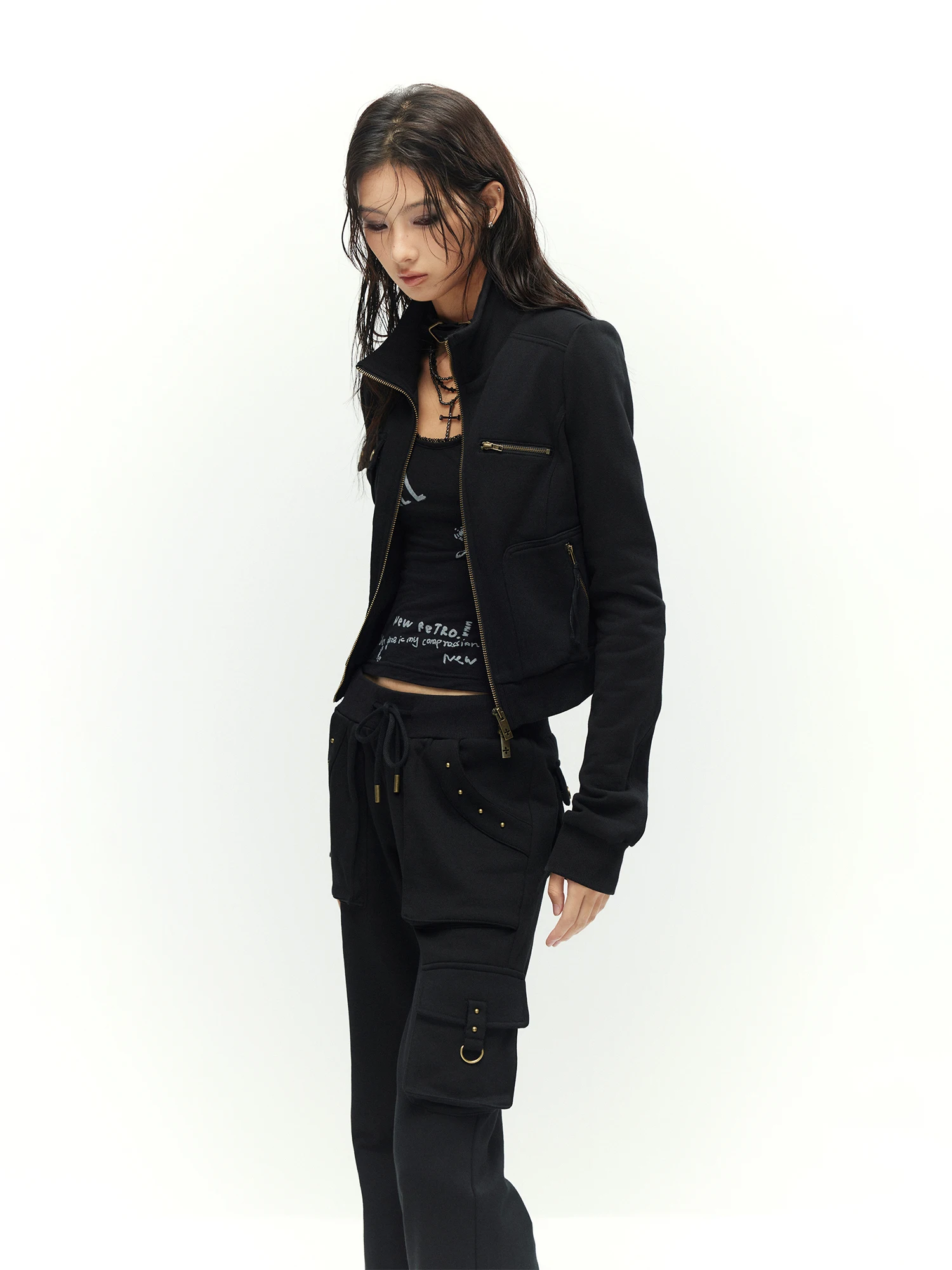 Low Pixel Zipper Stand Collar Short Cardigan Sweatshirt Belted Flared Pants Two Piece Set Women's Fashion Thickened Cotton Lo...