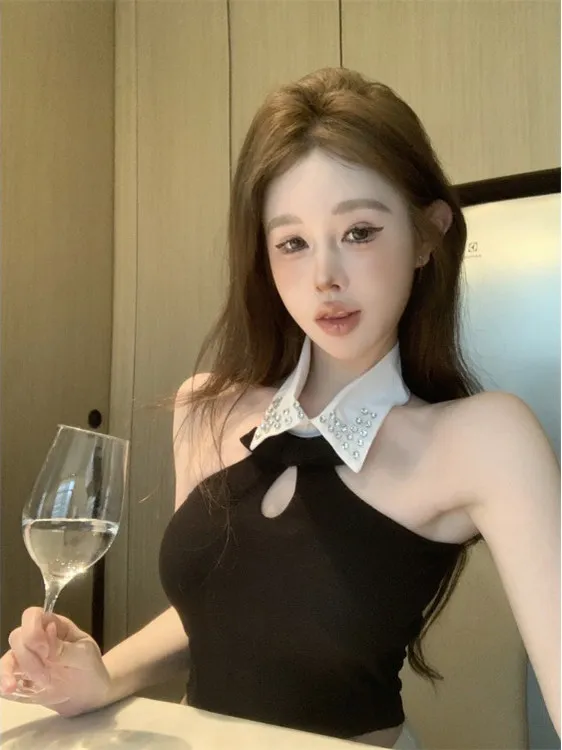 夏用セクシーな透かし彫りダイヤモンド装飾クロップトップ レディースベスト 通気性のあるコットンブレンド ビジネスカジュアル