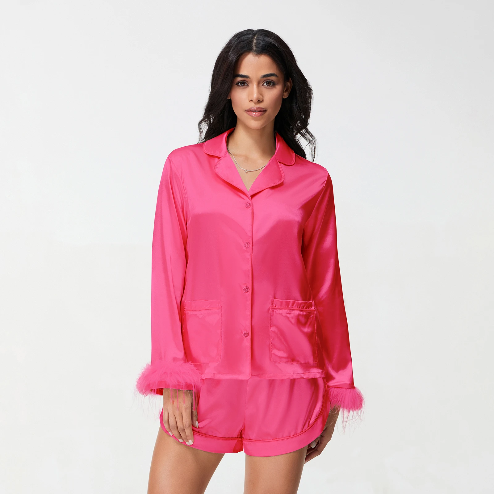 

New Womens Satin Outfits Solid Color Lapel Long Sleeve Tops With Feather Cuffs + Shorts Set Fashion Clothes S-XL