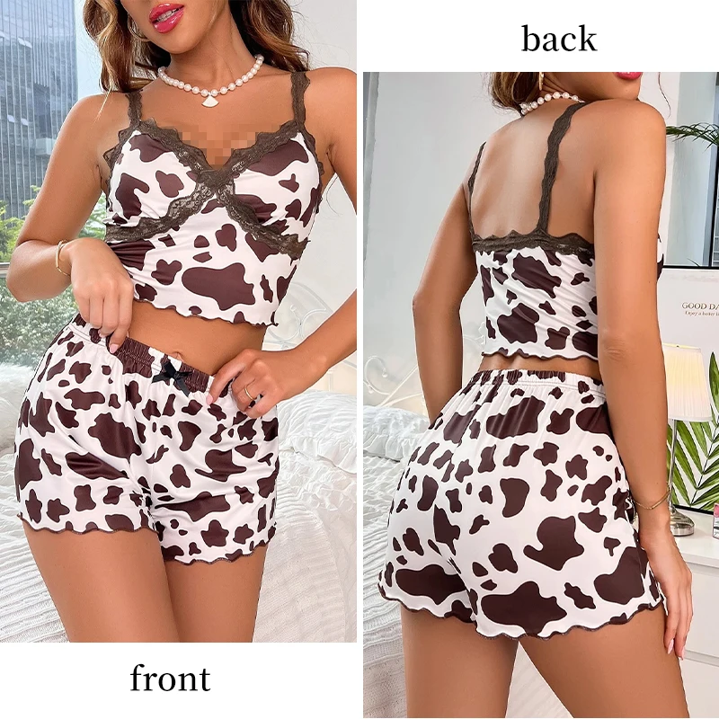 Lace Suspender Women\'s Home Clothes Suit Steamed Rolls Brim Cow Vest Shorts Summer Casual Loose Pajamas Two-Piece Set