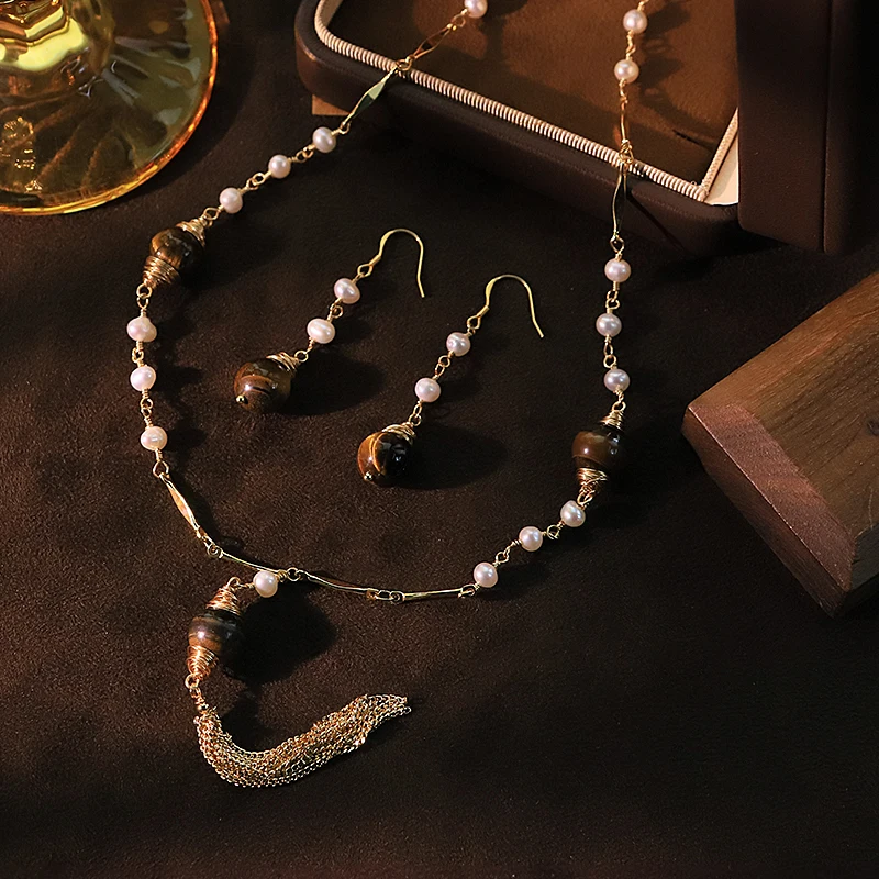 

Натуральный пресноводный жемчуг, тигровый глаз, комплект камней, серьги, ожерелье, комплект, роскошный дизайнерский комплект, подарок, свадебный банкет, GS0216