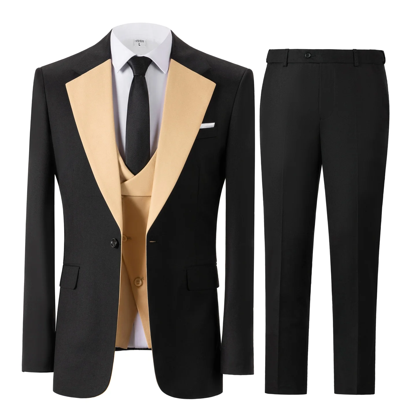 Men 3 Piece Tuxedo Suit,Black Jacquard Jacket With Notch Lapel Asymmetric Vest Side Adjuster Pants Wedding Party Form Suit