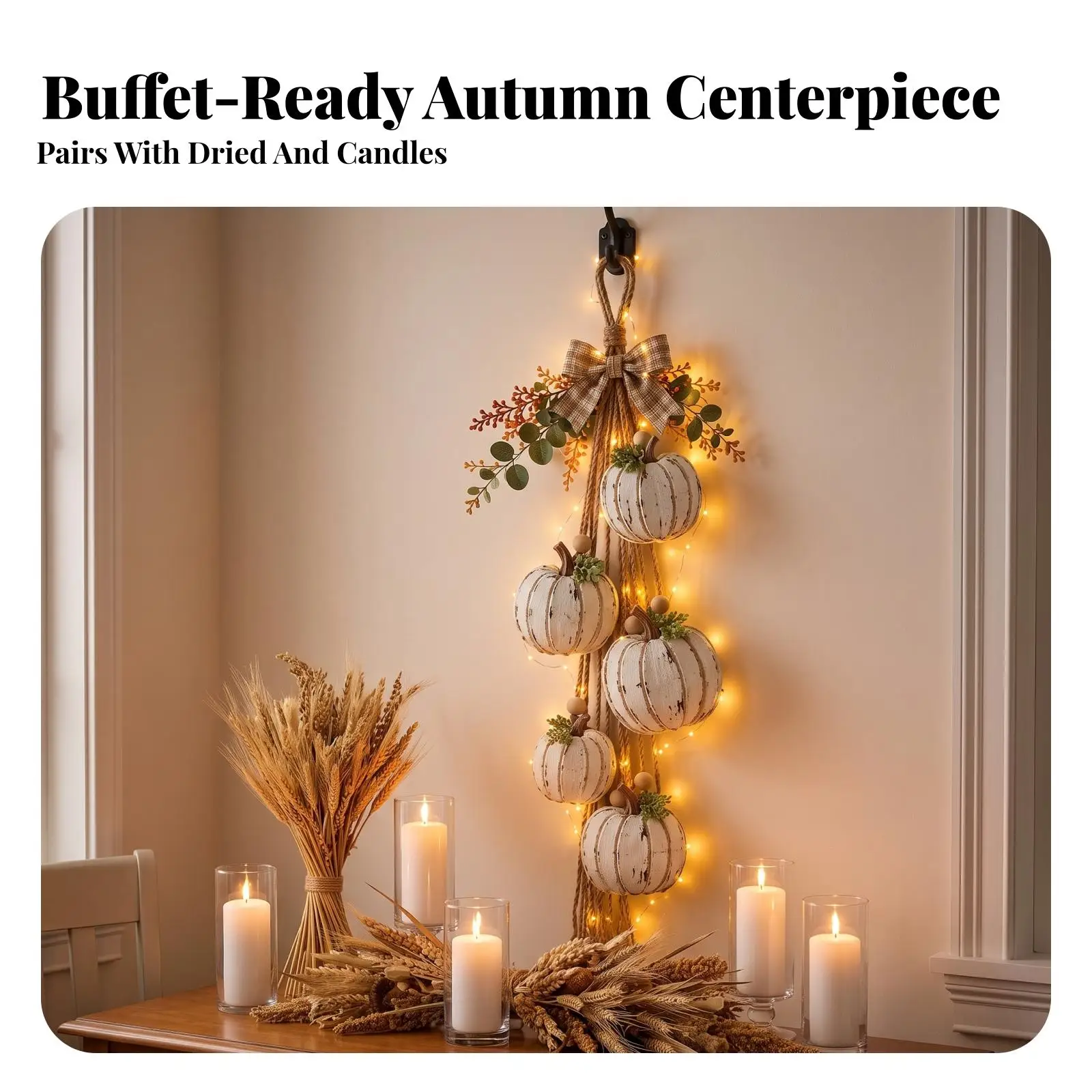 Pumpkin Swag with Lights Rustic Fall Swag with Plaid Bow Festive for Porch