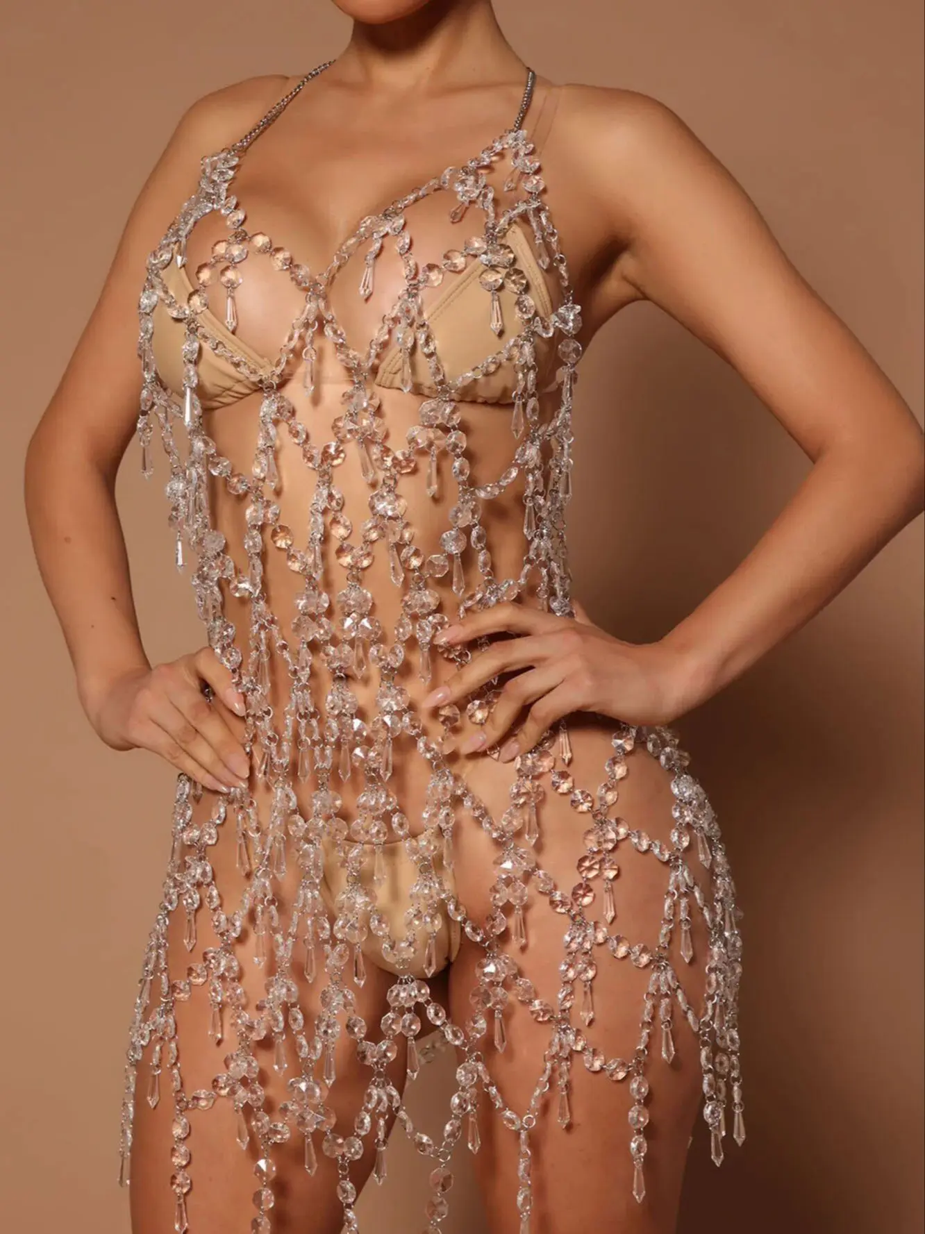 Hanging Spiked Beads Body Chain Made of Clear and Tan Acrylic for Women\'s Party Wear Similar Dress Products