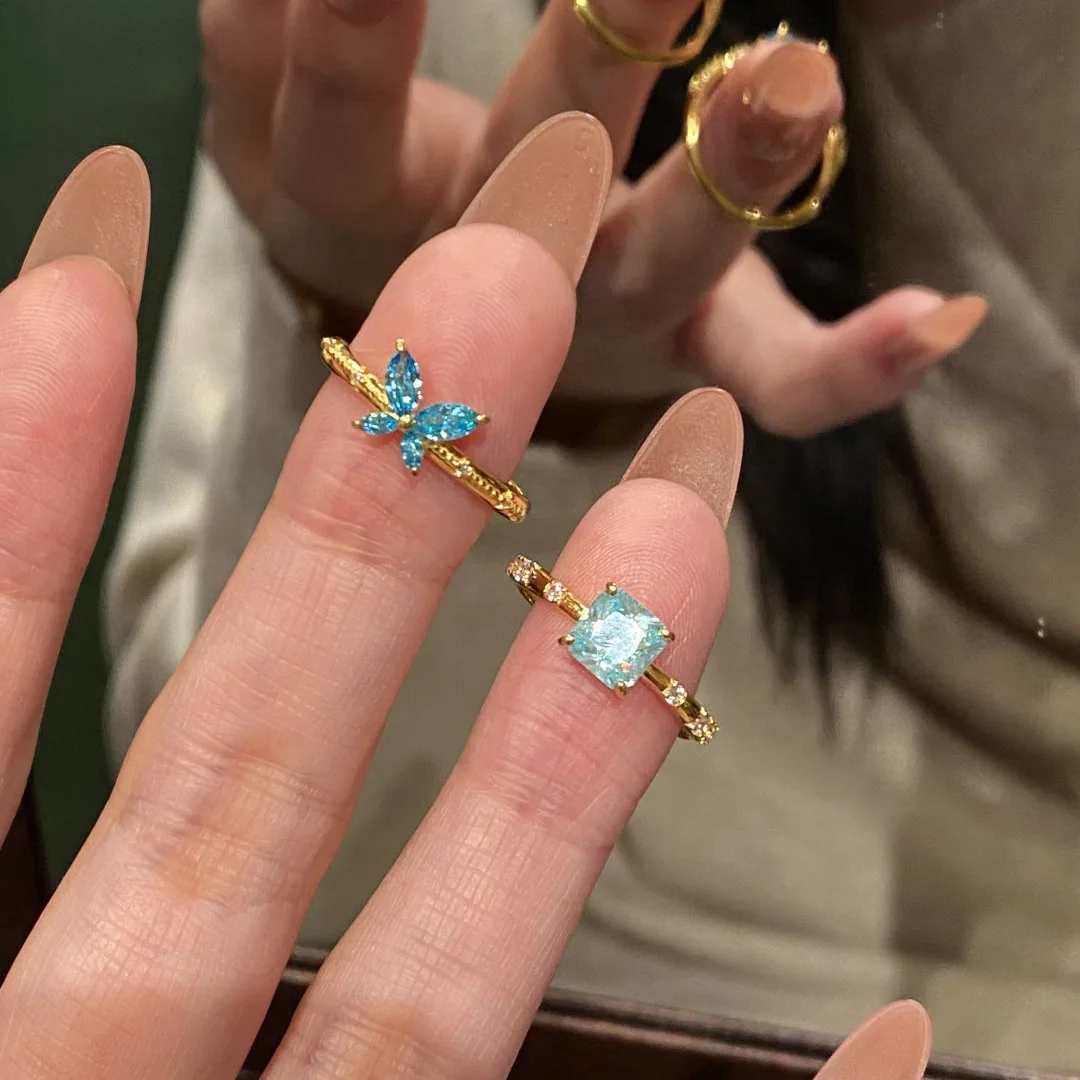 Sparkling square fashion light luxury blue gem butterfly rings for women chic dazzling ring layering style fine jewelry gift