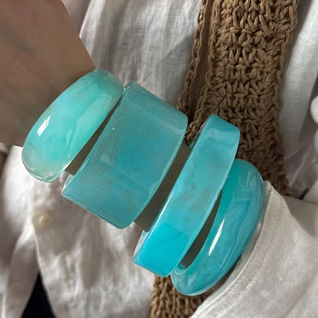 DIEZI 4 Style Exaggerated Sky Blue Resin Acrylic Bangles Ethnic Geometric Wide Cuff Bangles For Women Men New Bracelet Jewelry