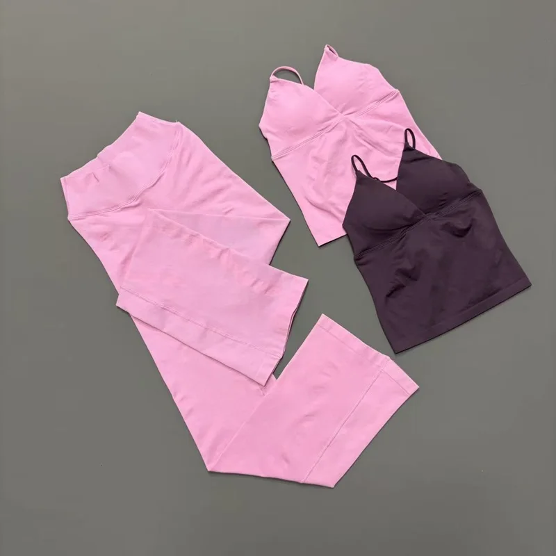 

2Pcs Fitness Set Women Seamless Soft Stretch Cross V Neck Top Crossover Waist Flare Leggings Suit Gym Workout Sports Sets