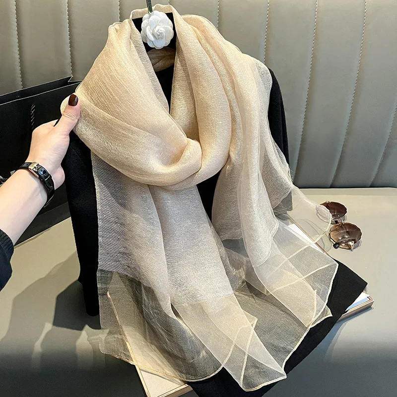 

Простой шелковый шарф с золотой нитью, двухслойный, женский, из высококачественного тутового шелка, весенний, универсальный, длинный