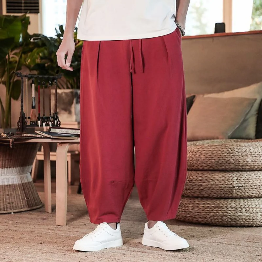 2025 Mens Chinese Style Pants Men Summer New Breathable Solid Color Linen Trousers Male Streetwear Loose Joggers Pants M-5XL