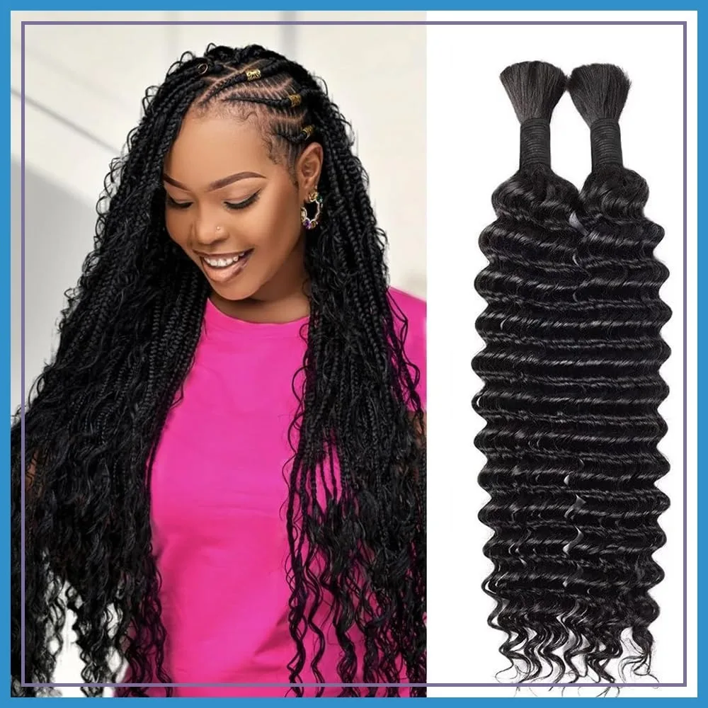 

26 Inch Human Braiding Hair for Boho Braids, 100g 2 Bundles Deep Wave Bulk Hair No Weft Curly Braiding Hair Extensions Natural Color