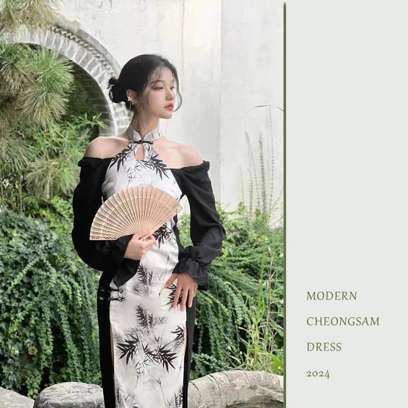 Modern Cheongsam Dress Women Sexy Qipao Summer Oriental Elegant Black White Off Shoulder Bamboo Printed Halter Stitching Sleeve