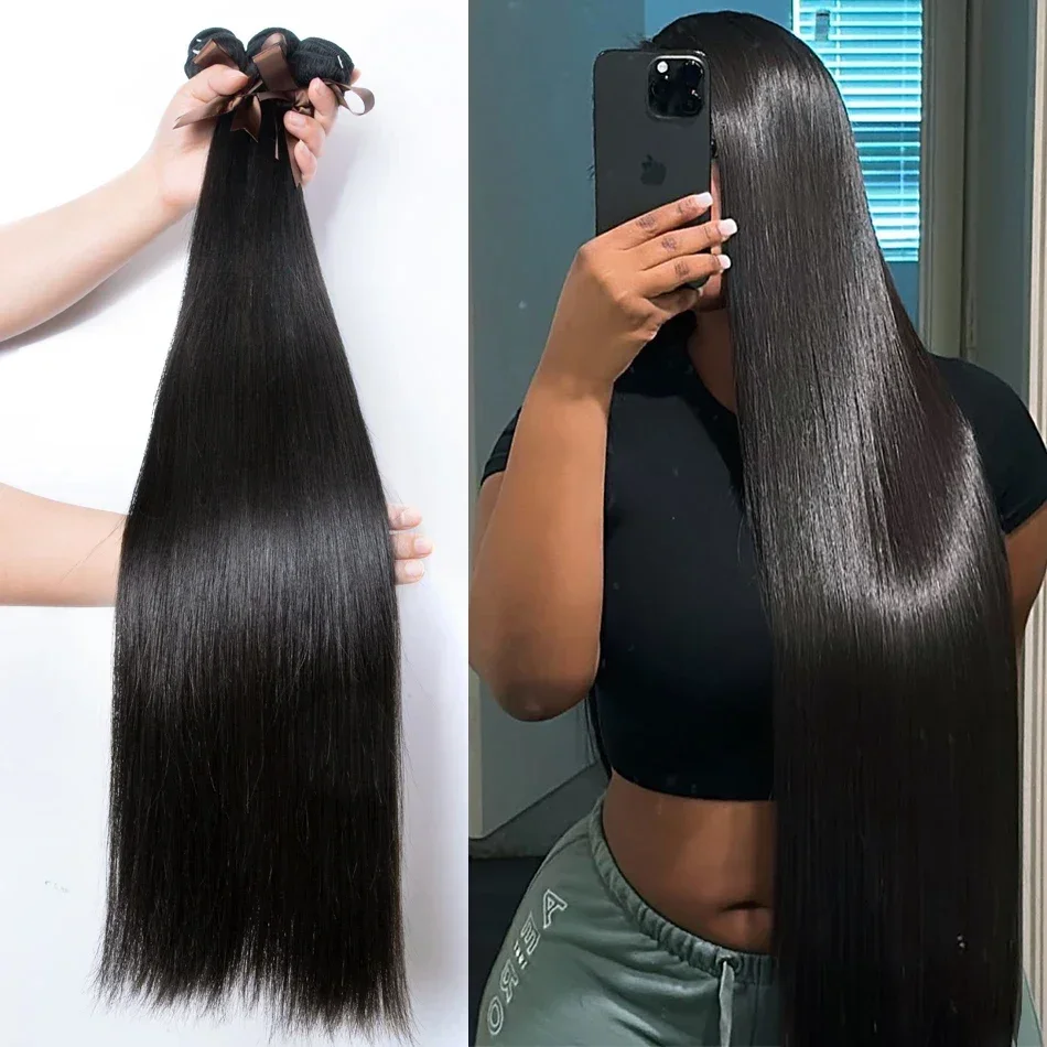 10A Silky Bone Straight 30 32 40 Inches 1 3 4 Bundles Human Hair Double Drawn Weavy Extension Brazilian Remy Human Hair Bundles