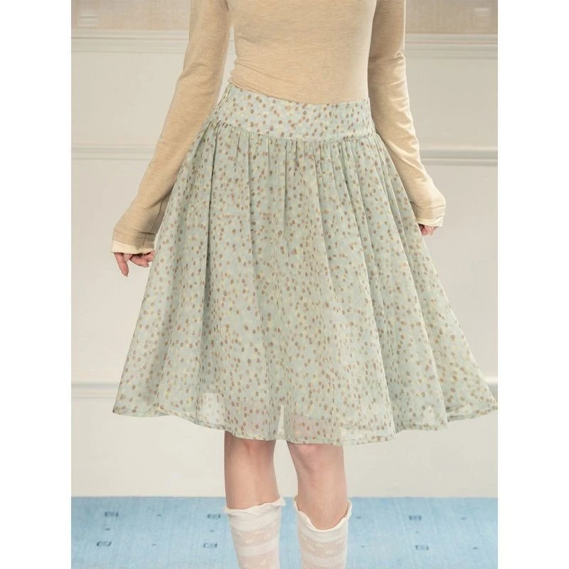 Deeptown Vintage Floral Skirts Women Sweet Elegant Polka Dot Mini Skirts Korean Style Harajuku Fashion High Waist Short Skirts
