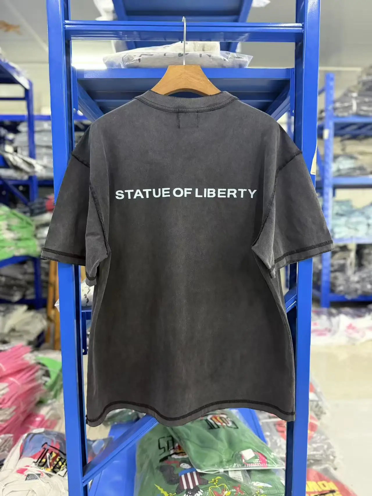 Diamond Statue of Liberty Starry Sky Graffiti Washed Short Sleeve T-shirt Men Women High Quality Tee T Shirt