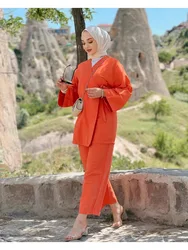 Ramadan Women Eid Muslim Two Piece Set Blouse & Pant Musulman Ensemble Lace-up Shirt Wide Leg Pant Matching Sets Modest Clothing