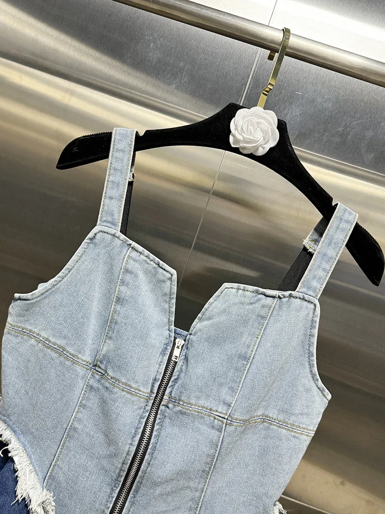 VGH Hit Color seksowny patchworkowy zamek błyskawiczny z przodu kamizelki dżinsowe dla kobiet kwadratowy kołnierzyk bez rękawów łączonych falbanki Streetwear kamizelka kobieta