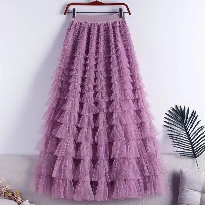 Chamliforve Women Tulle Mesh Skirt Elegant Elastic Waist Fairy Long A-line Tutu Skirt for Spring Summer Long Cake Skirt