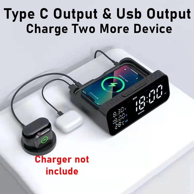 3-in-1 Wireless Charger Alarm Clock Time LED Light Thermometer Earphone Phone Charger 15W Fast Charging Dock Station For Phone