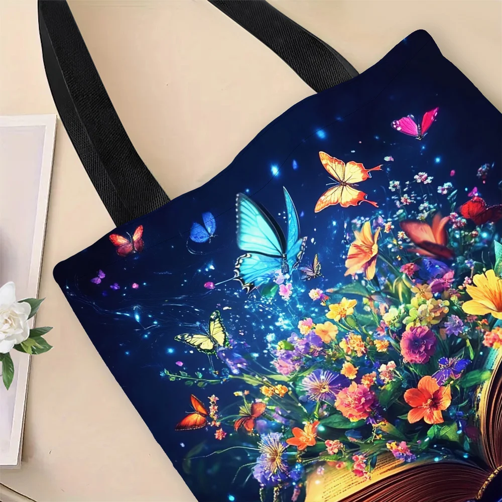 1pc Magic Book Garden Tote Bag 2D Printed Book Page Floral Butterfly Design Lightweight Casual Unisex Shoulder Bag for Daily