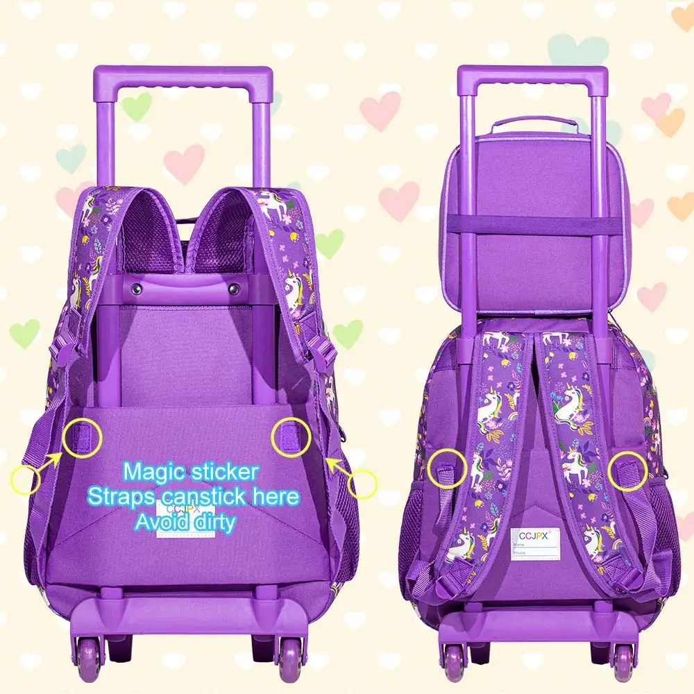 3-Piece Rolling Backpack for Girls and Children Roller Bag with Lunch Bag and Pen Bag Design of Unicorn Pattern Luminous Functio