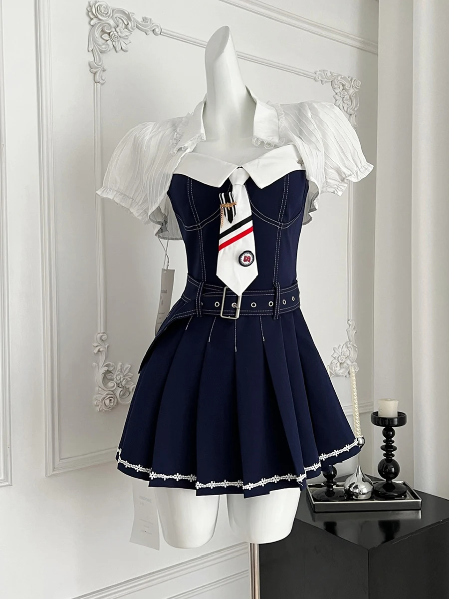 REDDACHiC コントラストネクタイドレスカーディガン女性セットキャミソールコルセットプリーツベルト付きミニドレスすくめジャケット韓国カジュアル服