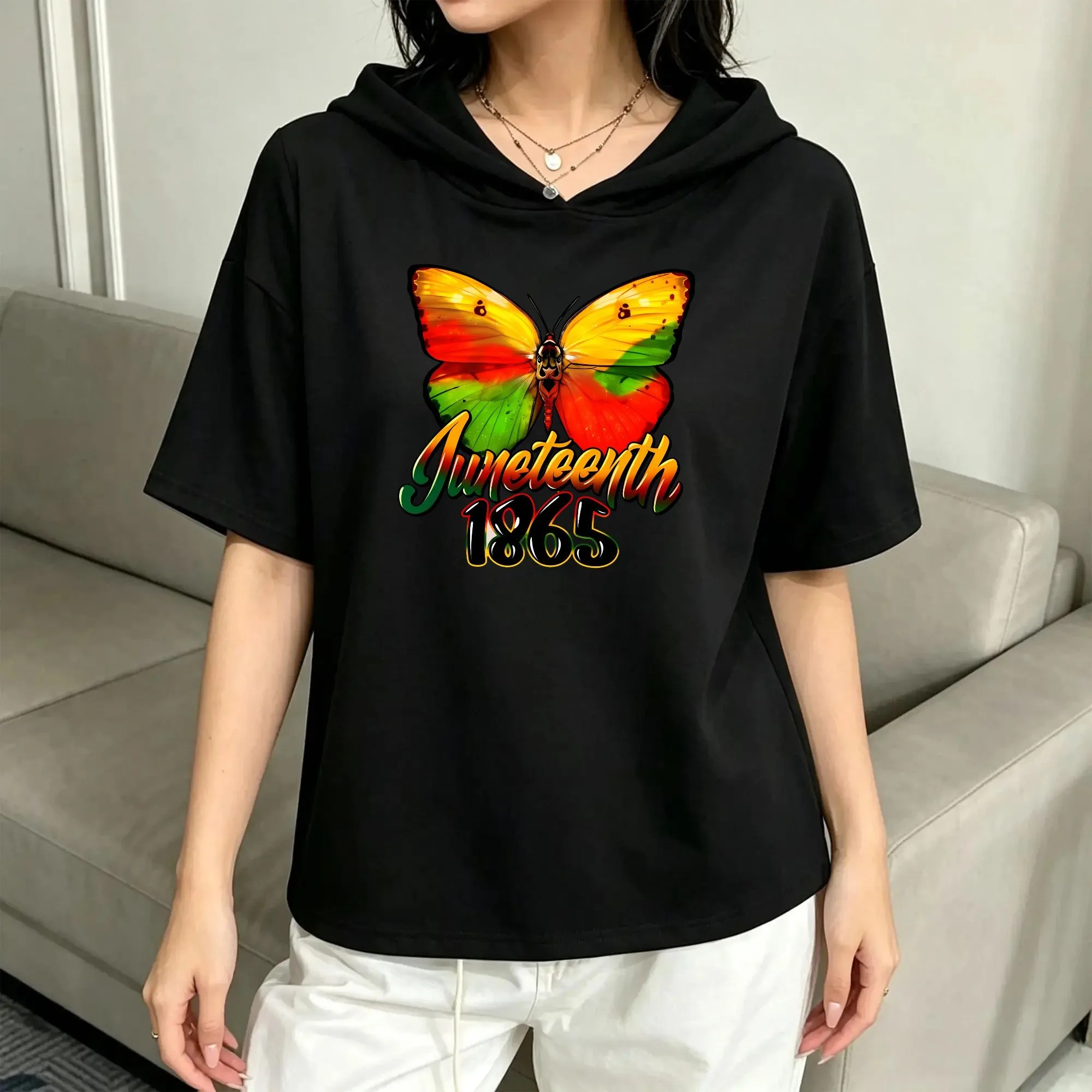 Vibrant June 10 1865 Pattern Graphic Short Sleeve Hooded Tee, Girlfriend Gift, For Going Out