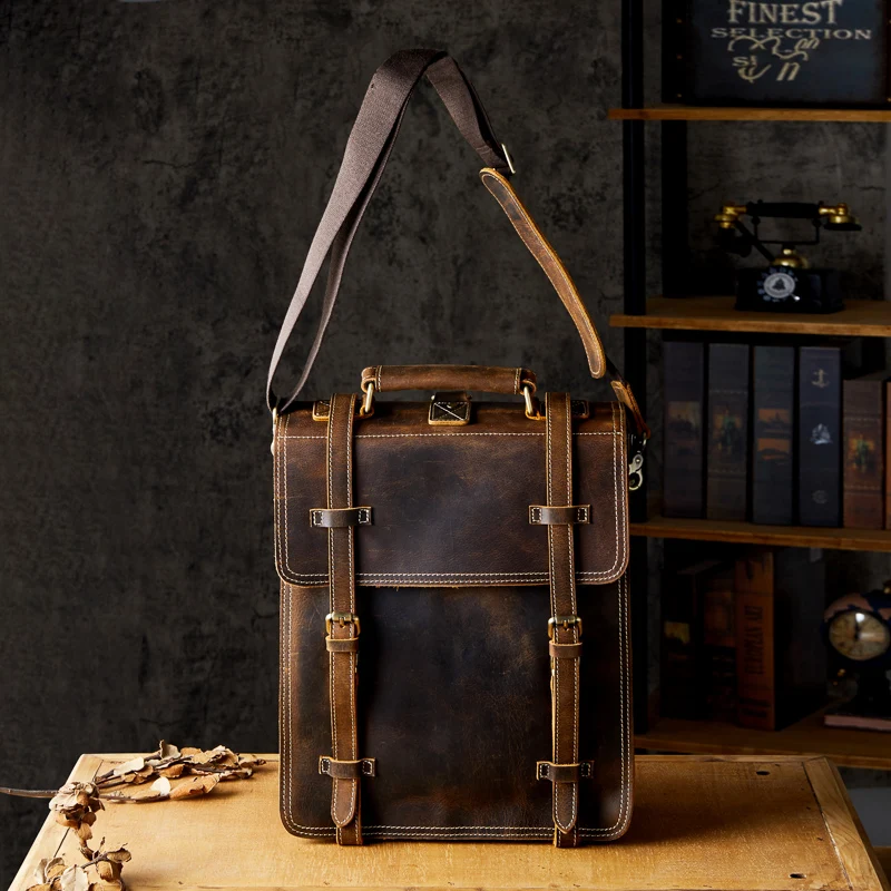 Handmade England Style Crazy Horse Leather Shoulder Bag Vintage Genuine Leather Cross body Bag Casual Cowhide Backpack For Men