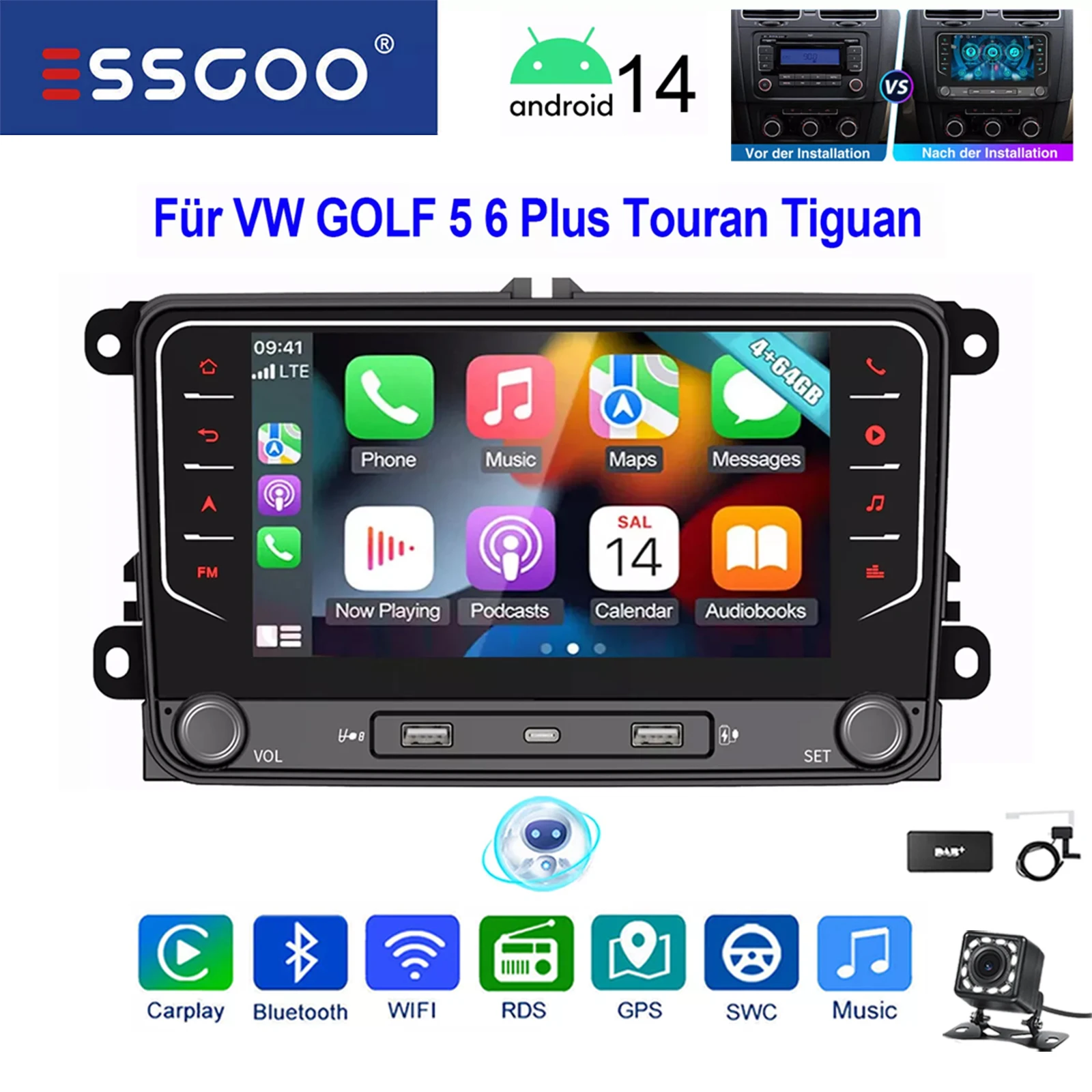ESSGOO 7" Touchscreen Android 14 Autoradio Multimedia Speler 4+64G CarPlay Android Auto voor VW Golf 5 6 Plus Touran Caddy Jetta Passat Polo GPS Navigatie USB WiFi FM RDS AI Spraakbediening