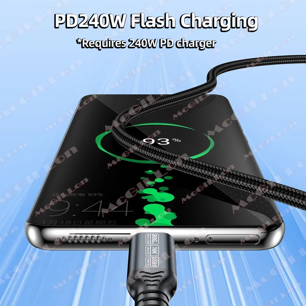 PD240W 80Gbps USB 5 for Thunderbolt 5 Type C Cable 16K 48V/5A Type-C to USB C for iphone 17 Pro Tablet Switch Laptop MacBook Pro